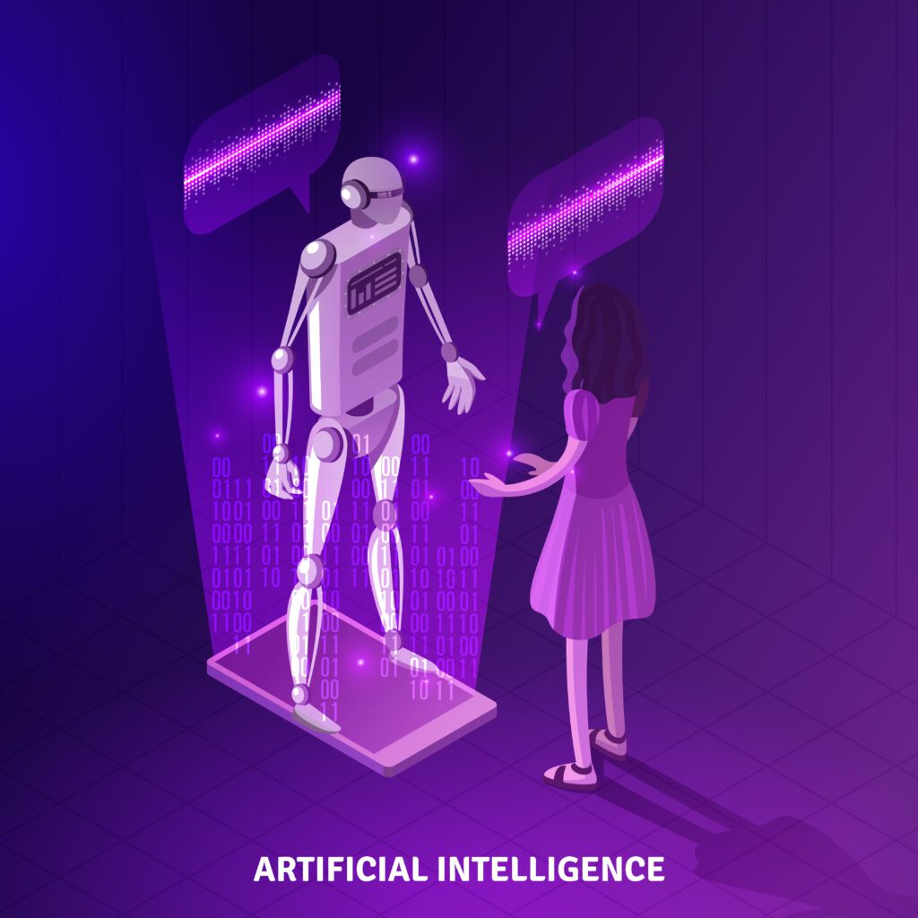 Artificial intelligence isometric composition on violet background with girl during communication with chat bot vector illustration