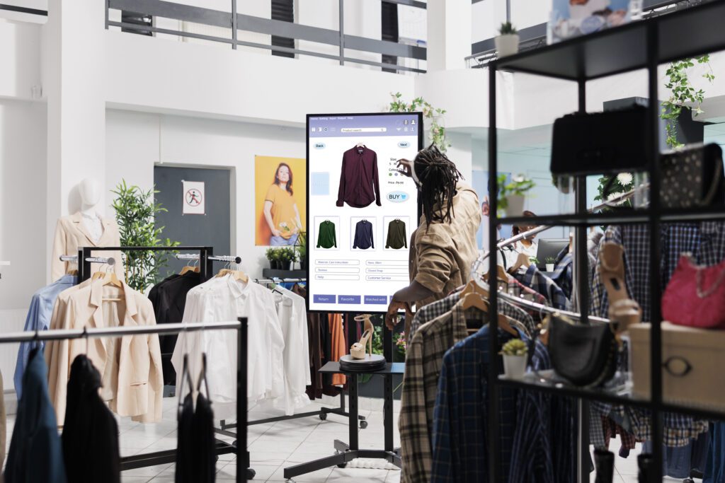 
A man looks at clothes online on touch screen monitor in fashion boutique at mall, self service board. Male customer looking for trendy clothes and items on retail kiosk display.