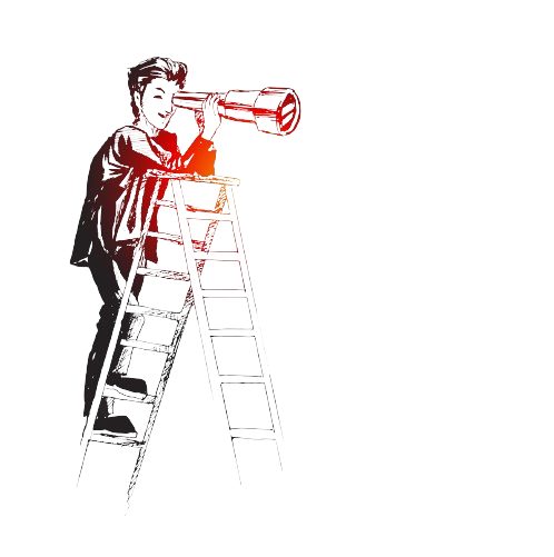 A boy looking thorough the telescope while standing on a ladder