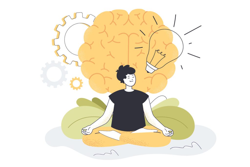 A girl meditating with a bulb and brain and settings icon in the background