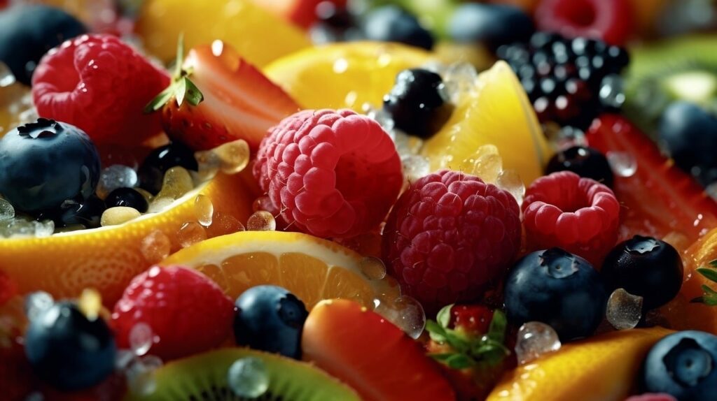 A bowl of fruits salad containing berries, apple, oranges, mangoes, and strawberries